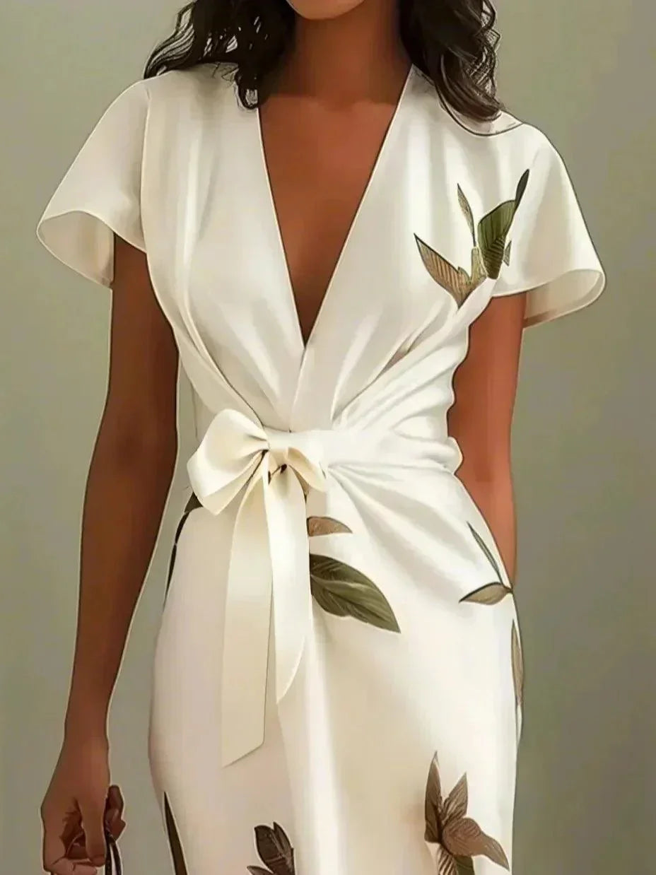 Alina | Abito midi bianco in raso con maniche corte