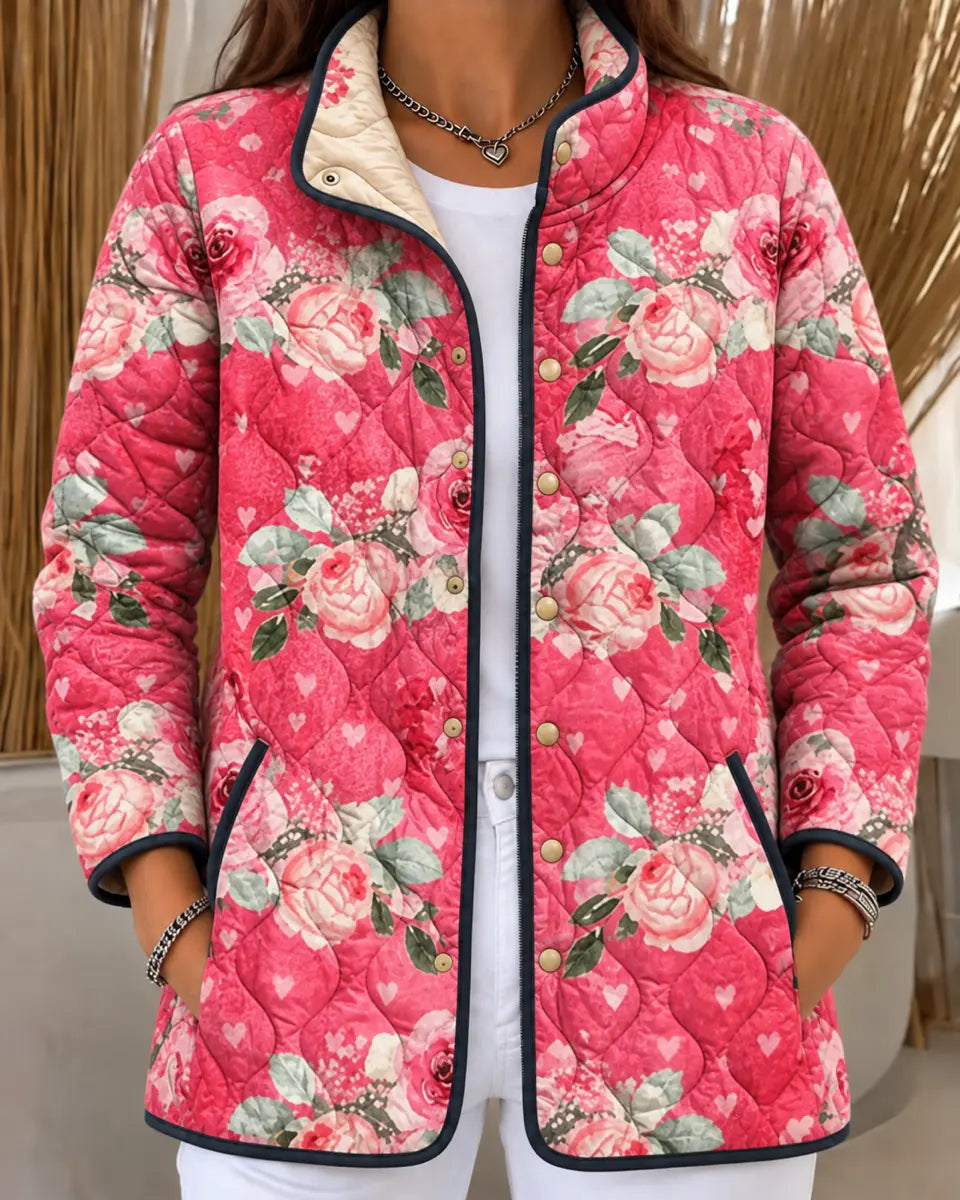 Sonia | Giacca Trapuntata Rosa con Rose e Cuori