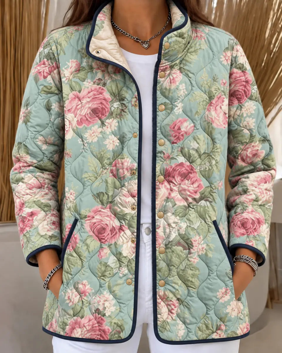 Silvia | Giacca Trapuntata Verde Menta con Rose