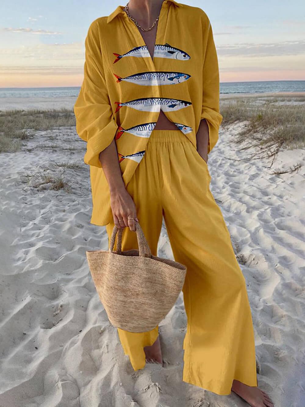 Gisella | Completo con camicia oversize a stampa oceanica e pantaloni con tasche elasticizzate