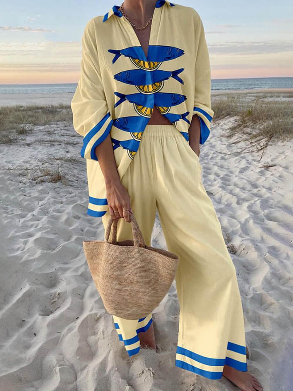 Gisella | Completo con camicia oversize a stampa oceanica e pantaloni con tasche elasticizzate