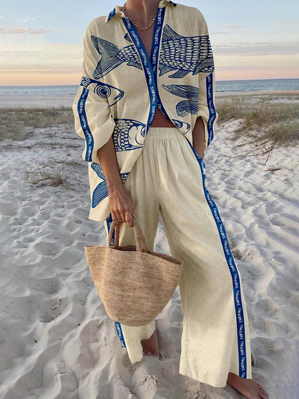 Gisella | Completo con camicia oversize a stampa oceanica e pantaloni con tasche elasticizzate