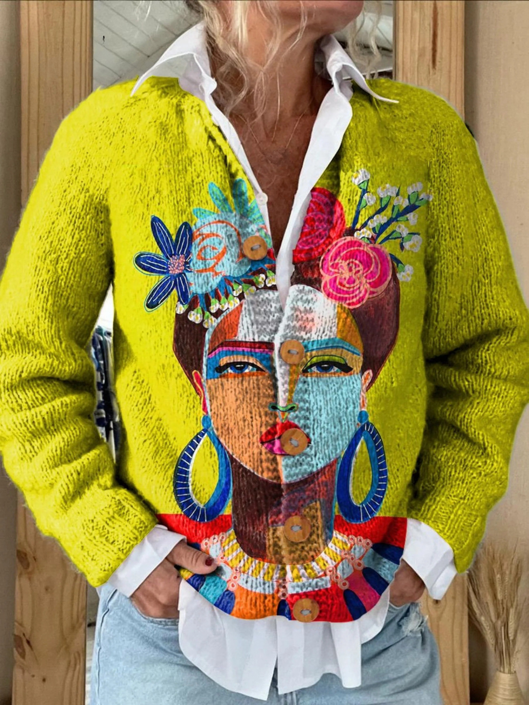 Renata | Cardigan con stampa artistica di ritratto dipinto e bottoni