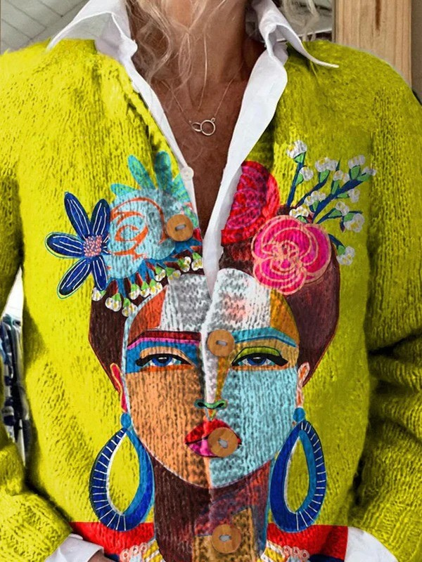 Renata | Cardigan con stampa artistica di ritratto dipinto e bottoni