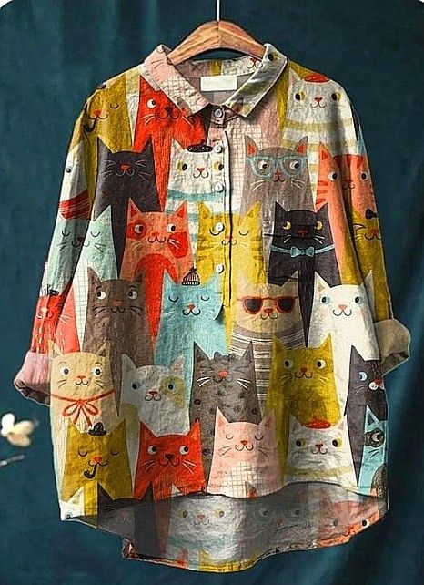 Paola | Blusa casual da donna con stampa artistica di gatti