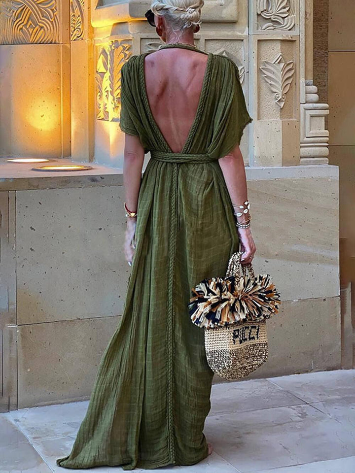 Daniela | Abito lungo con spacco, kimono e dettagli intrecciati