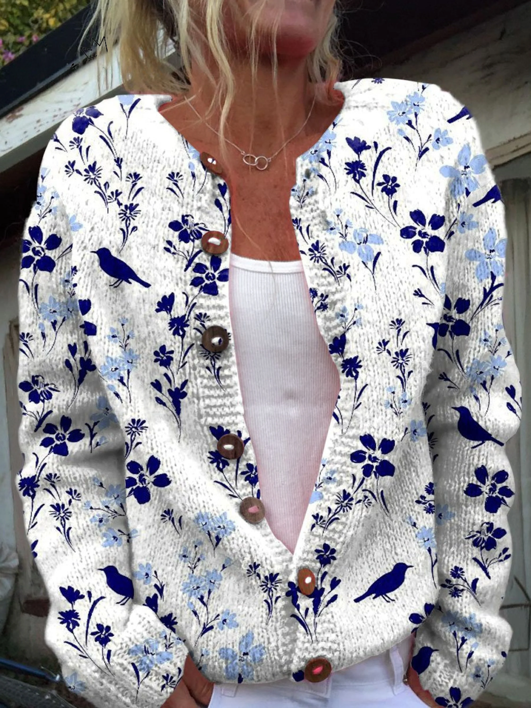 Ornella | Cardigan vintage con stampa artistica floreale e bottoni