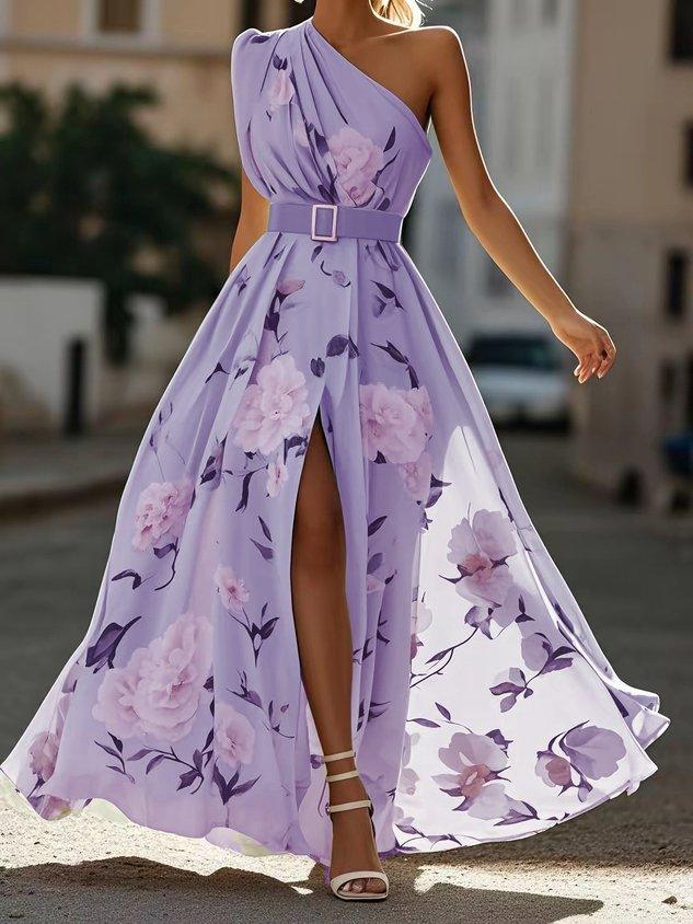Amelia | Abito lungo verde chiaro in chiffon a fiori con spalle scoperte