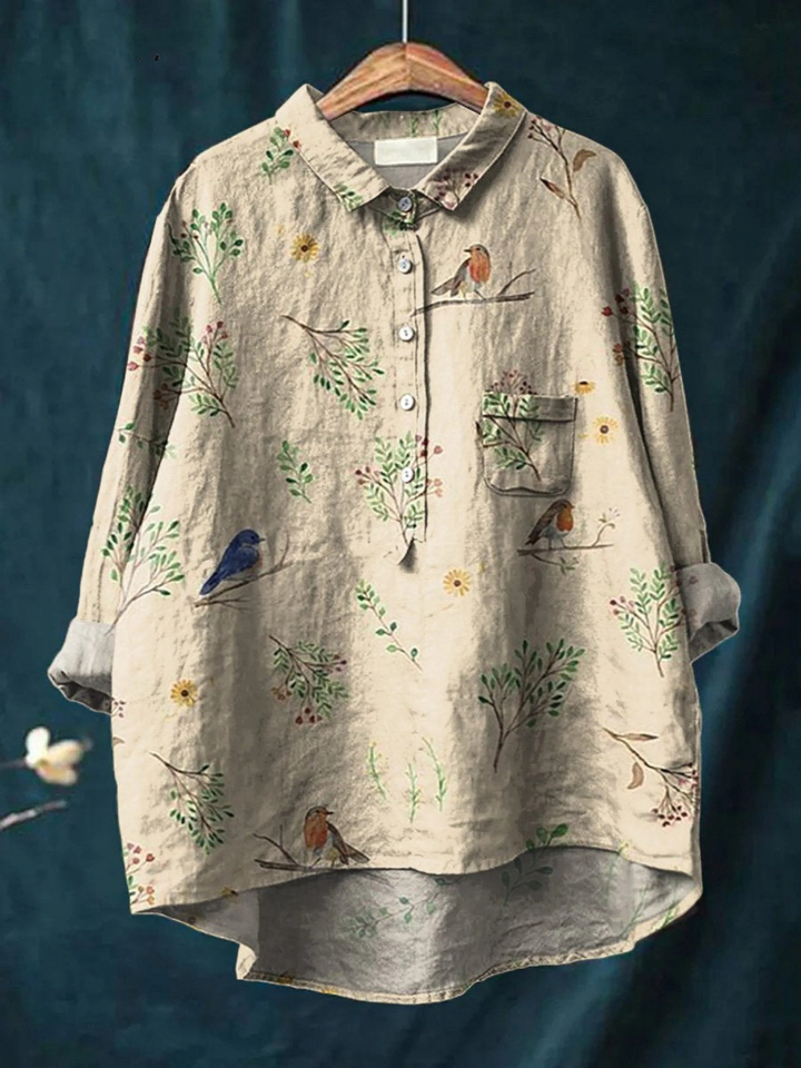 Carlotta | Blusa casual da donna con stampa di rami e pettirossi