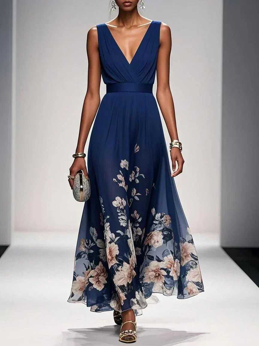 Paola | Abito lungo in chiffon con fiori azzurri e scollo a V
