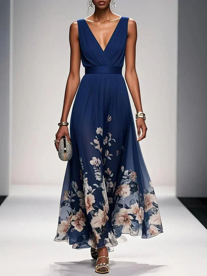 Paola | Abito lungo in chiffon con fiori azzurri e scollo a V