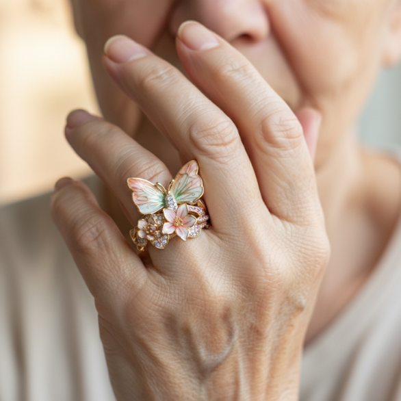 Rosa | Anello brillante a farfalla ispirato alla natura con zirconi