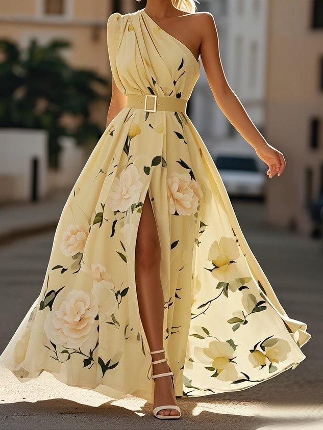Amelia | Abito lungo verde chiaro in chiffon a fiori con spalle scoperte