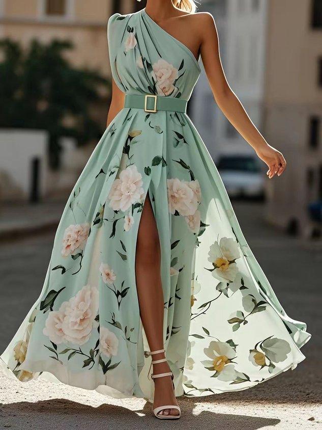 Amelia | Abito lungo verde chiaro in chiffon a fiori con spalle scoperte