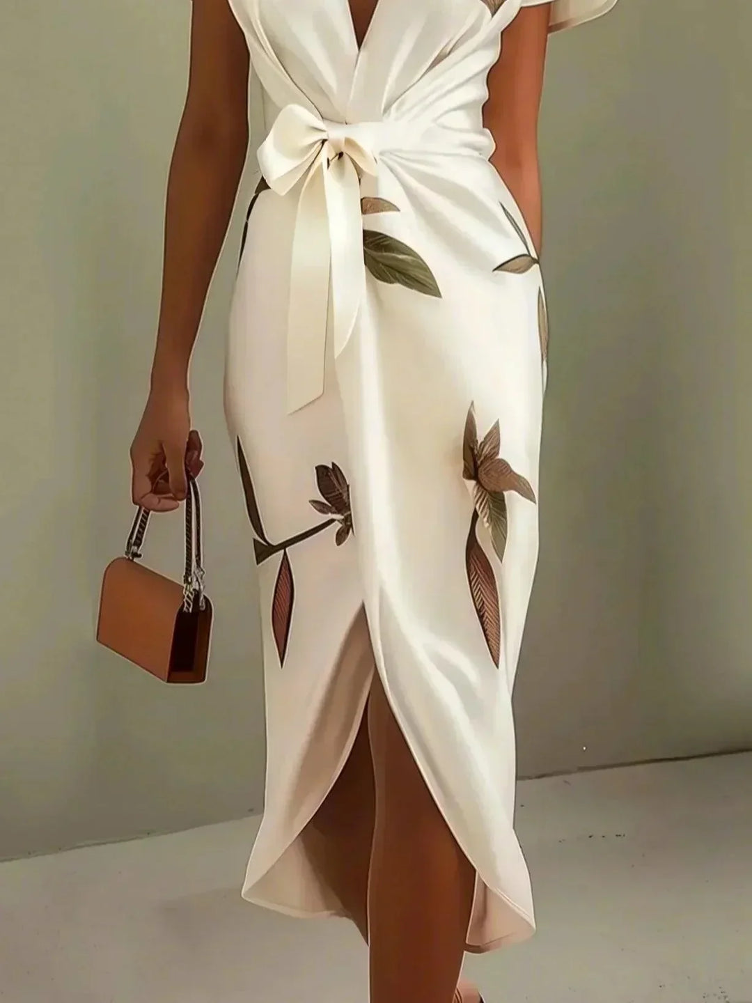 Alina | Abito midi bianco in raso con maniche corte