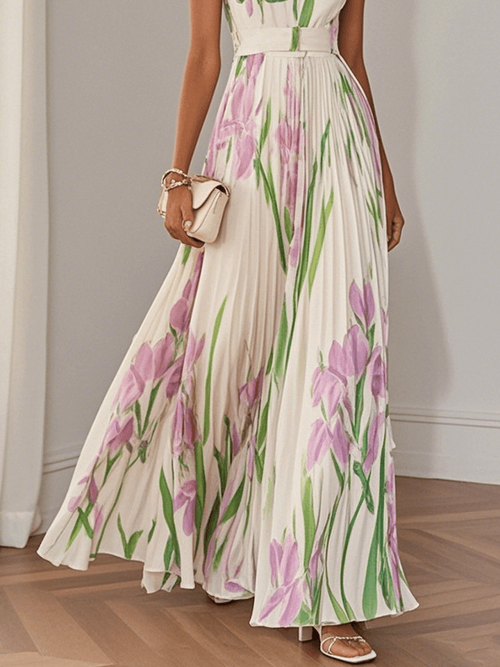 Matilde | Abito lungo bianco plissettato in chiffon a fiori