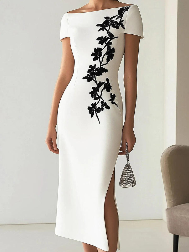 Micaela | Abito midi chic con stampa floreale e scollo a barchetta