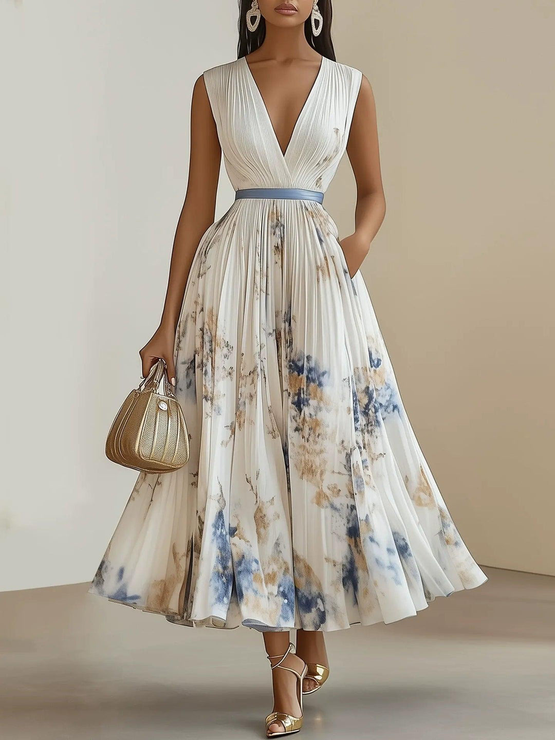 Brigida | Abito midi bianco plissettato in chiffon a fiori con scollo a V