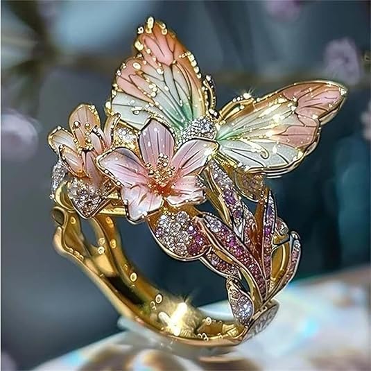 Rosa | Anello brillante a farfalla ispirato alla natura con zirconi