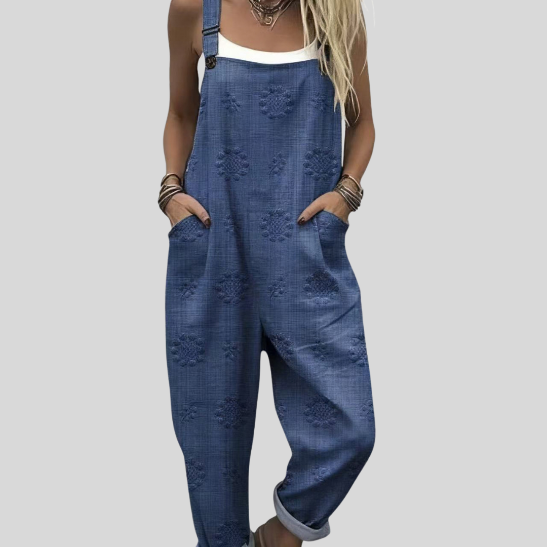 Rebecca | Salopette blu denim con pois in rilievo