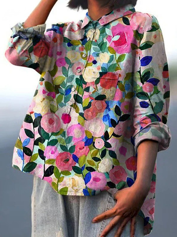Rosa | Blusa casual da donna con stampa floreale primaverile multicolore