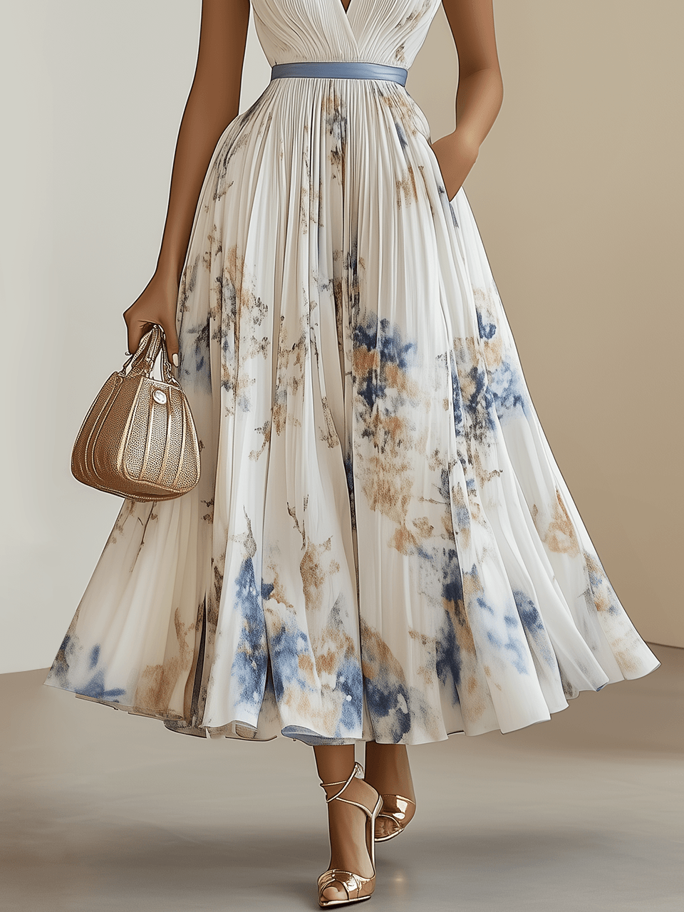 Brigida | Abito midi bianco plissettato in chiffon a fiori con scollo a V