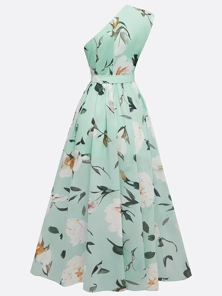 Amelia | Abito lungo verde chiaro in chiffon a fiori con spalle scoperte