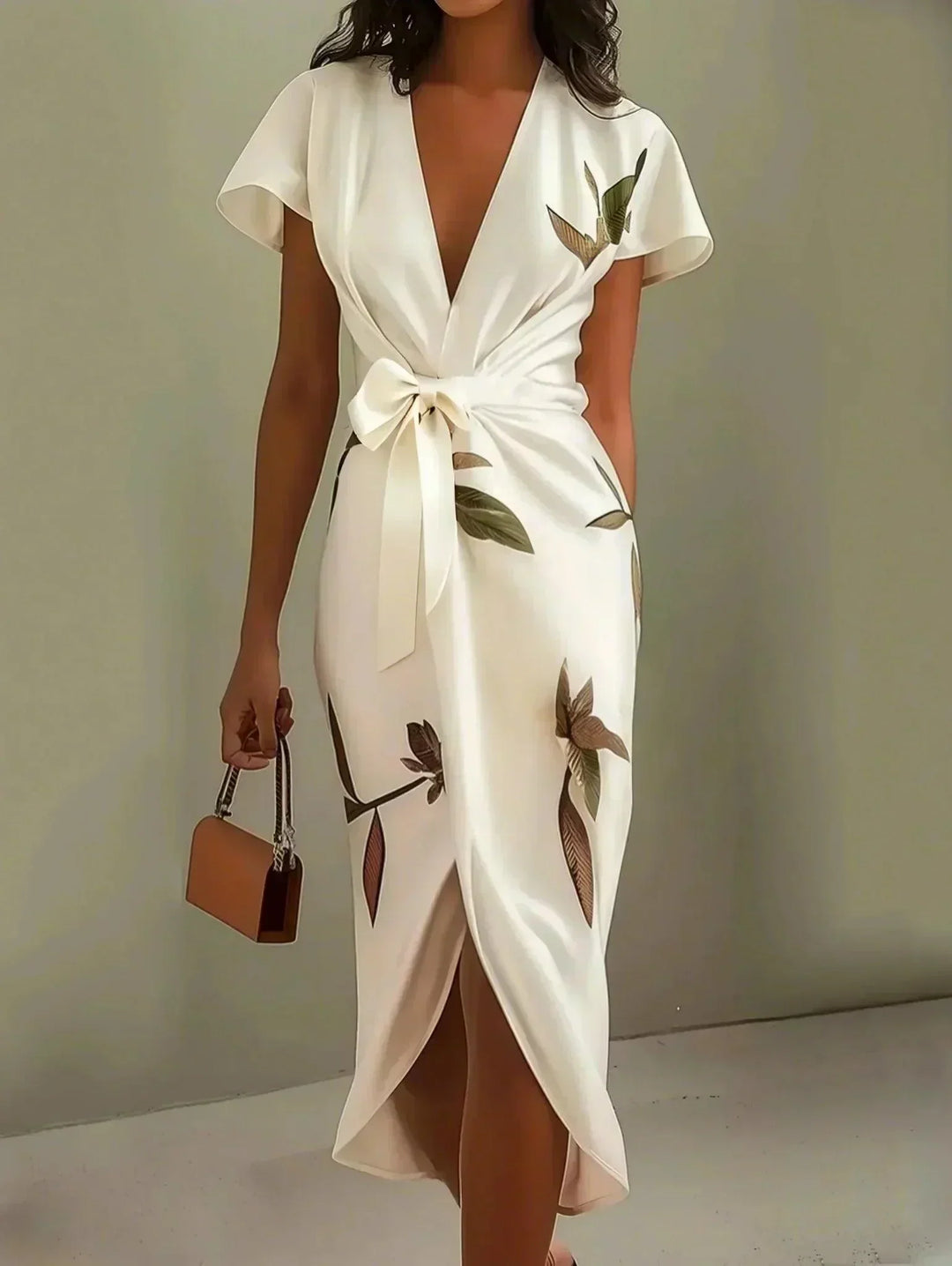 Alina | Abito midi bianco in raso con maniche corte