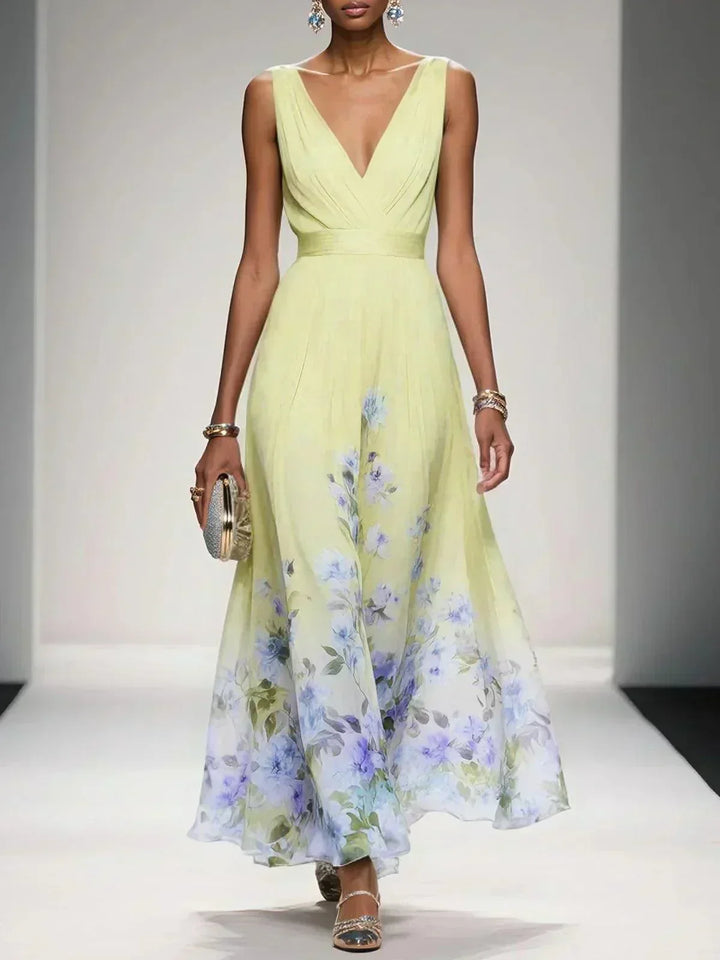 Paola | Abito lungo in chiffon con fiori azzurri e scollo a V