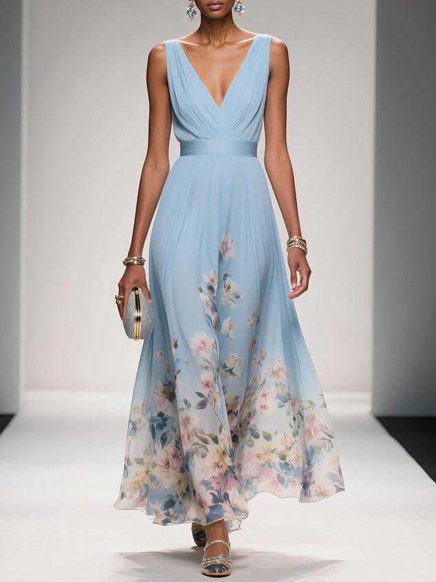 Paola | Abito lungo in chiffon con fiori azzurri e scollo a V