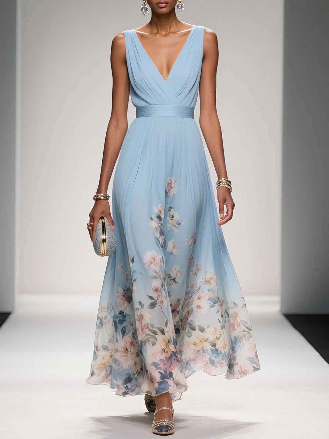 Paola | Abito lungo in chiffon con fiori azzurri e scollo a V