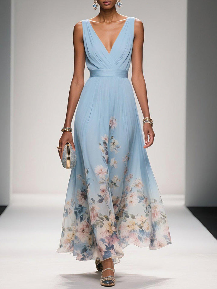Paola | Abito lungo in chiffon con fiori azzurri e scollo a V