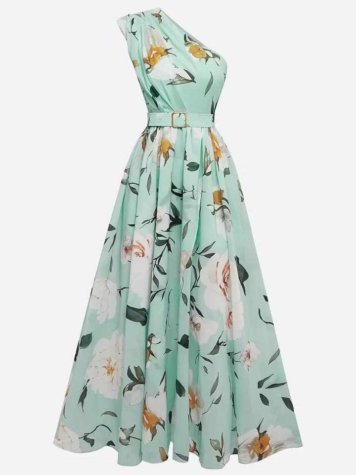 Amelia | Abito lungo verde chiaro in chiffon a fiori con spalle scoperte