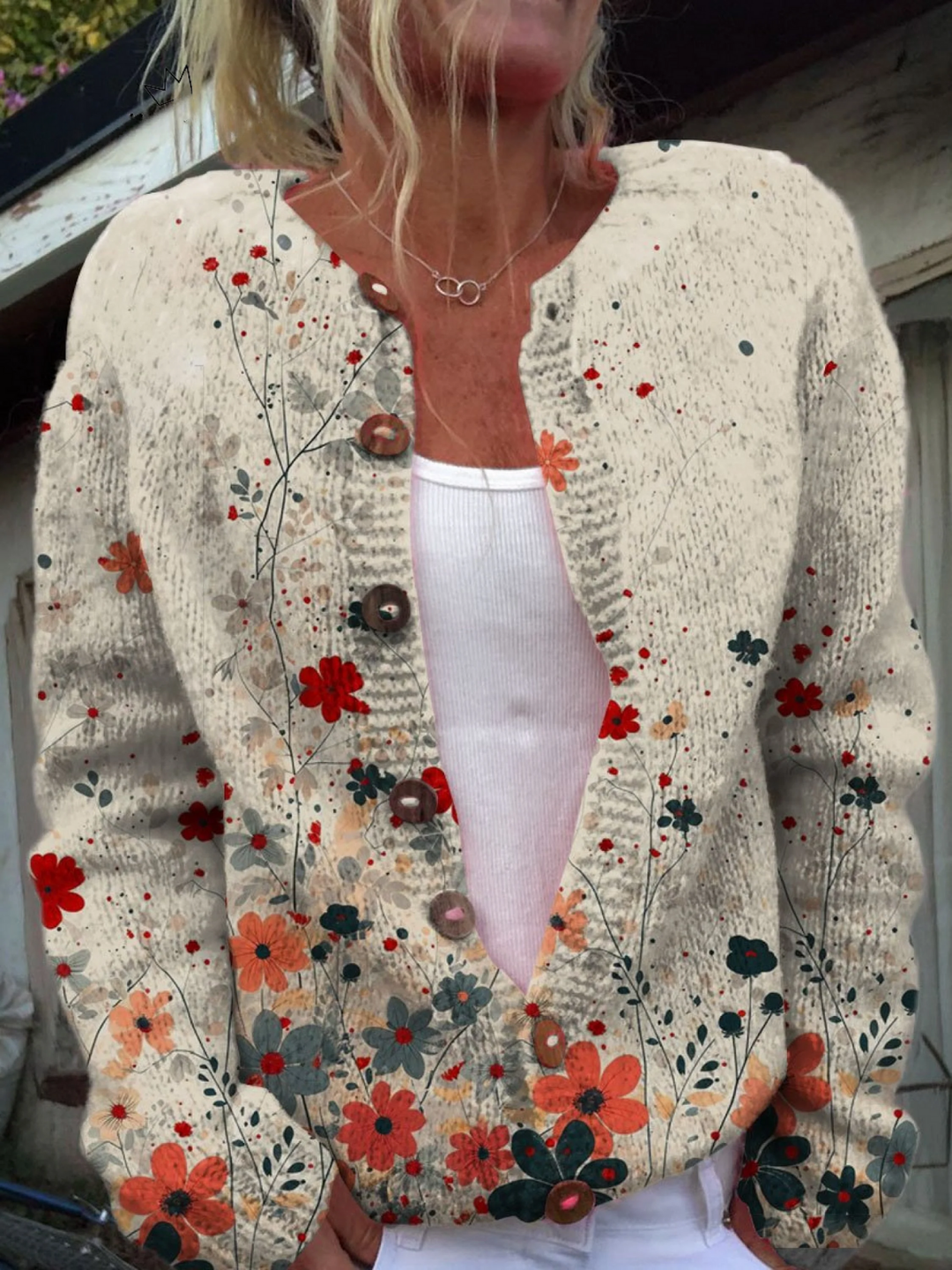 Olivia | Cardigan vintage con stampa artistica floreale e bottoni