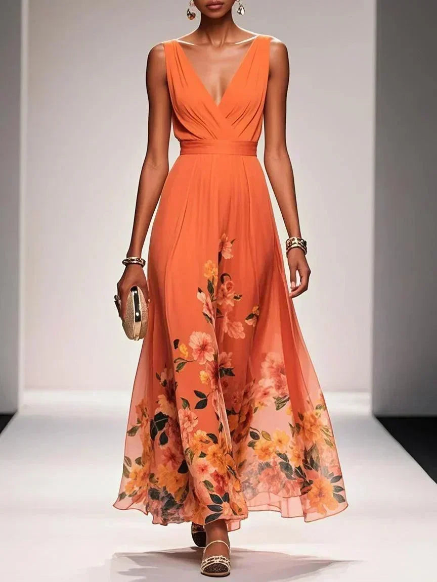 Paola | Abito lungo in chiffon con fiori azzurri e scollo a V