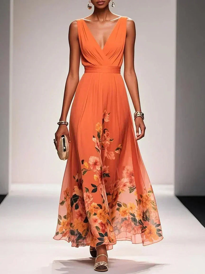 Paola | Abito lungo in chiffon con fiori azzurri e scollo a V