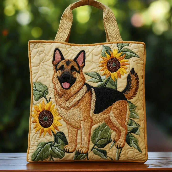 Enrichetta | Borsa trapuntata con pastore tedesco e girasoli