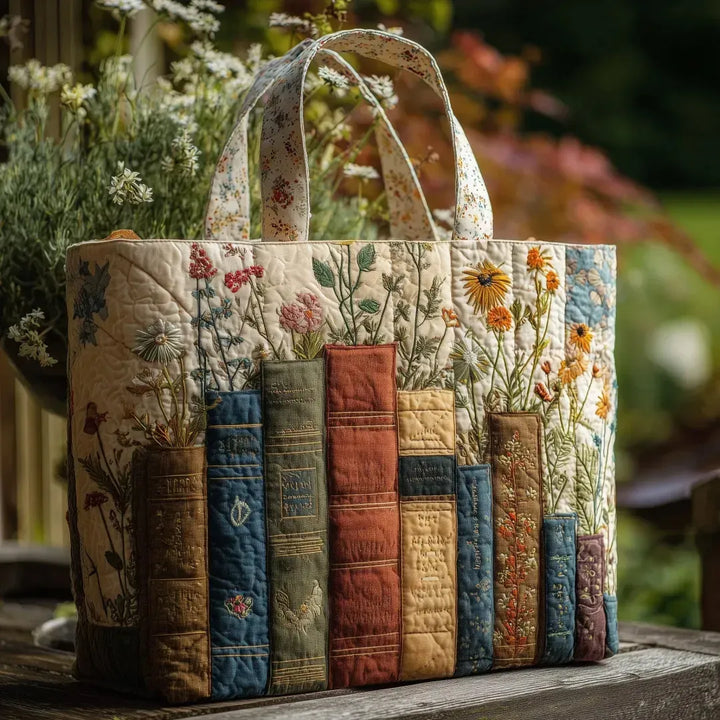 Anna | Borsa trapuntata con libri e fiori di campo