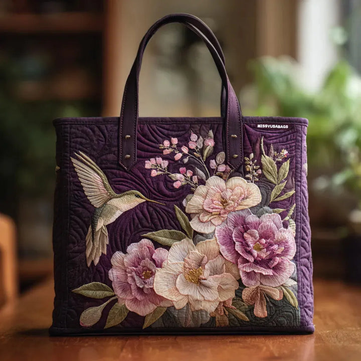 Chiara | Borsa trapuntata con colibrì e fiori rosa