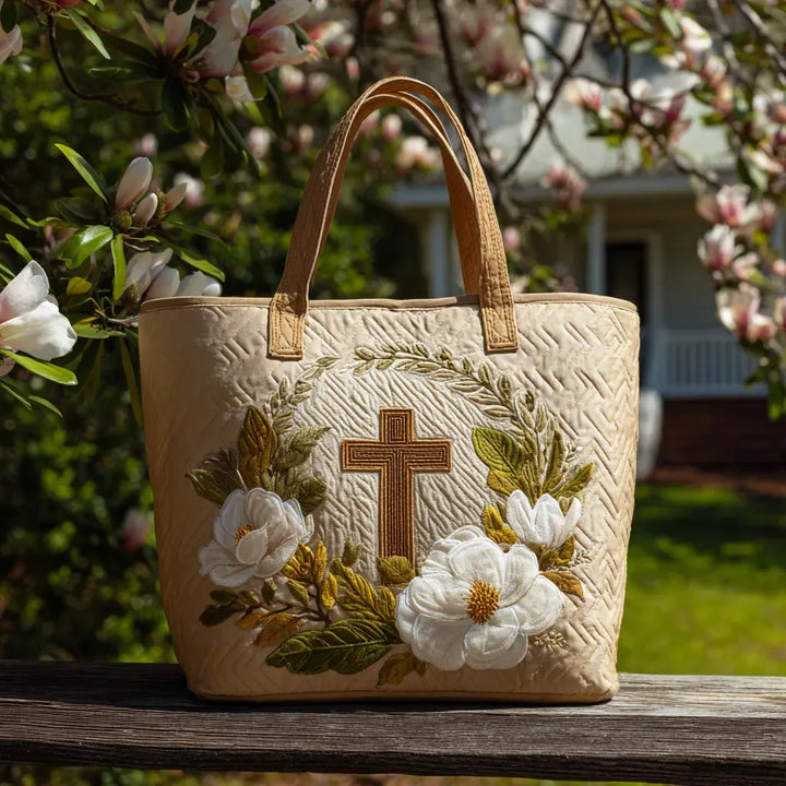 Giovanna | Borsa trapuntata con croce di legno e magnolie