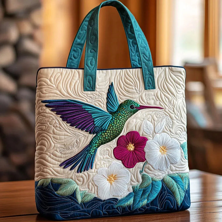 Annalisa | Borsa trapuntata con colibrì e fiori bianchi