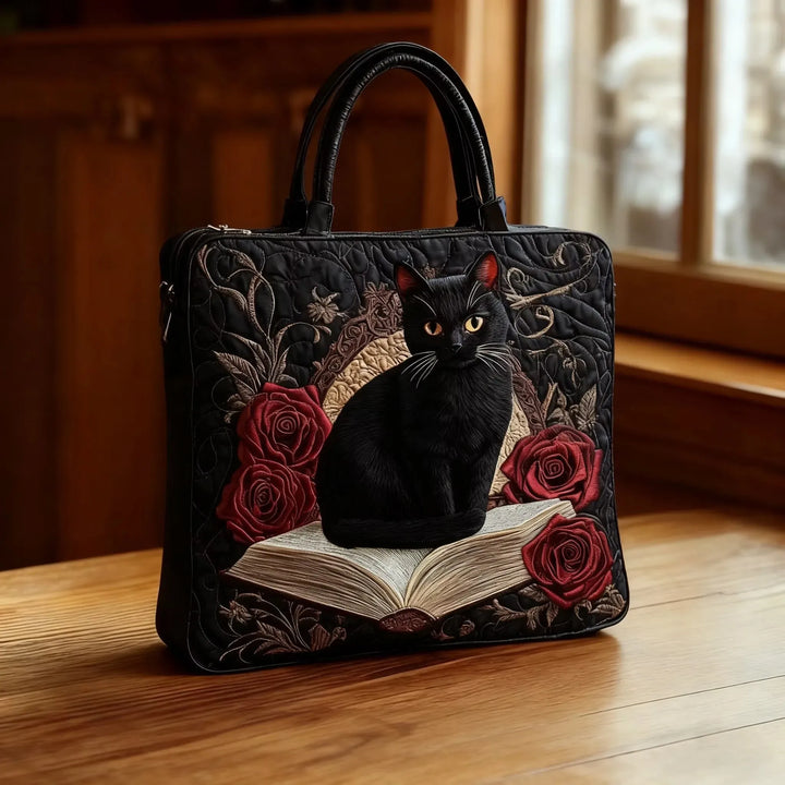 Elisa | Borsa trapuntata con gatto nero e rose rosse