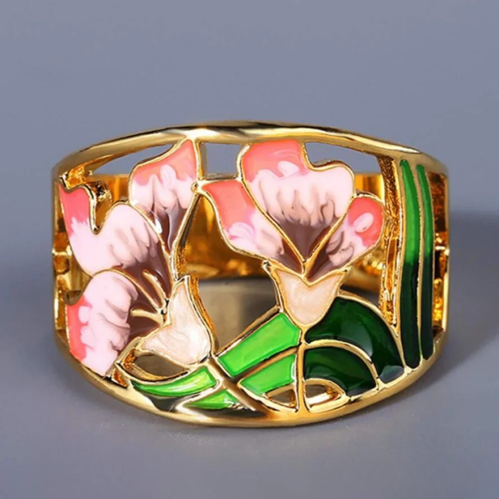Edvige | Anello rétro con fiore dorato in smalto