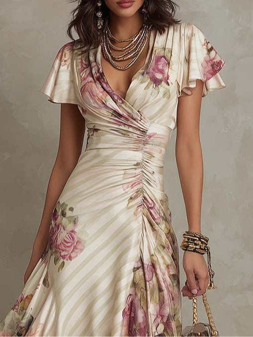 Elena | Abito midi vintage in raso con fantasia floreale