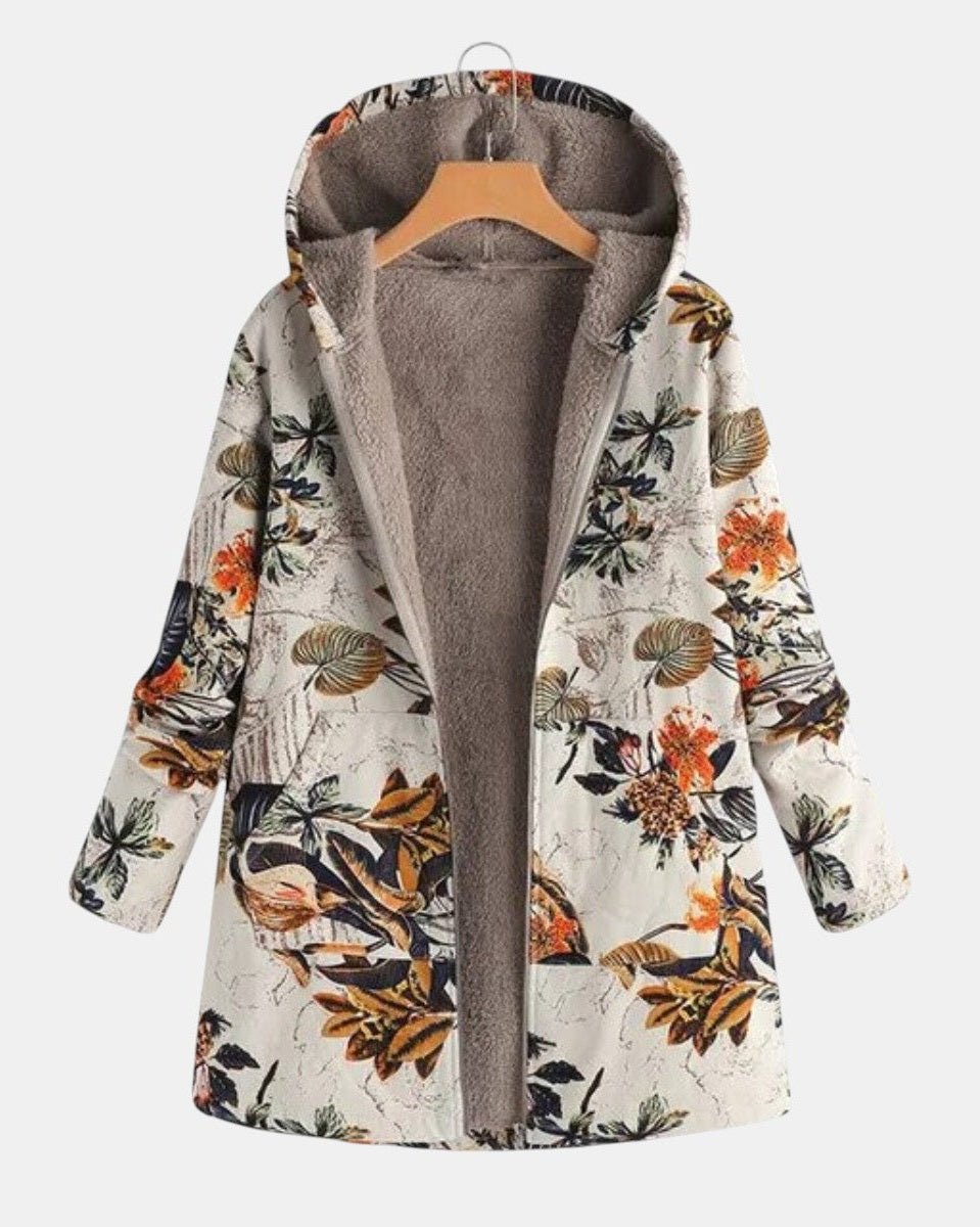 Elena | Cappotto boho in sherpa con cappuccio e fantasia floreale