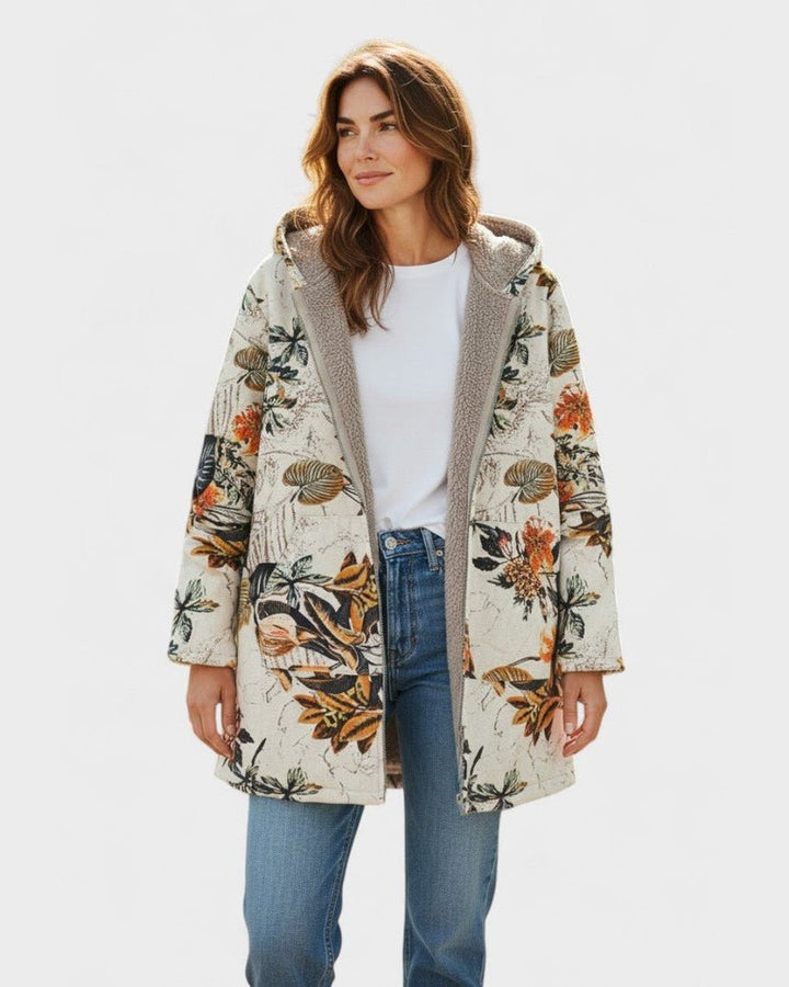 Elena | Cappotto boho in sherpa con cappuccio e fantasia floreale