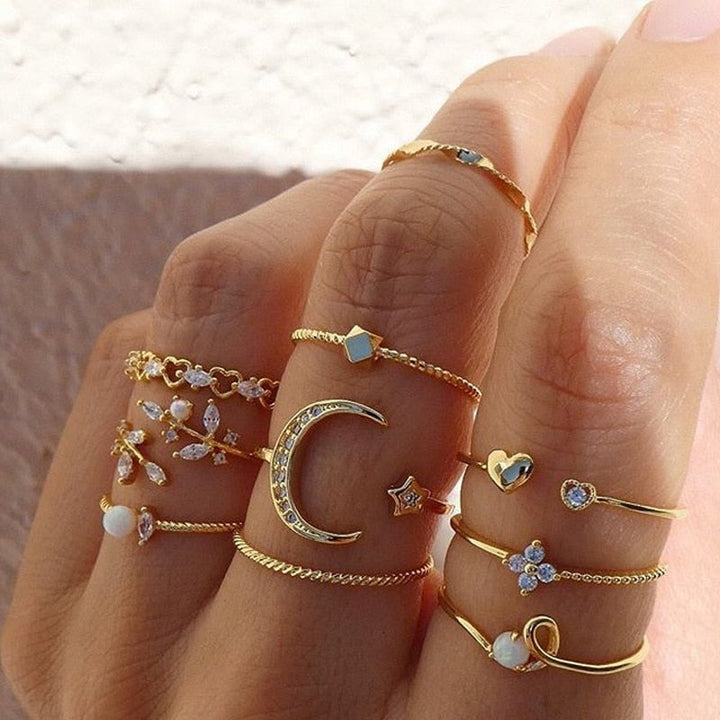 Annamaria | Set di 10 anelli boho placcati in argento e oro