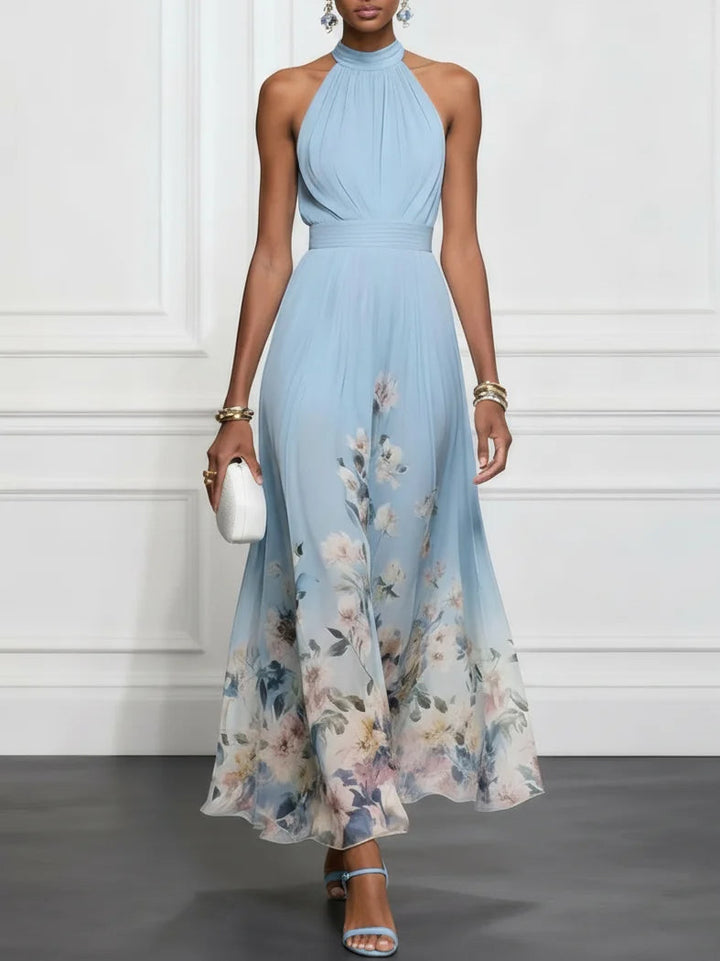 Anna | Abito lungo in chiffon con fiori blu