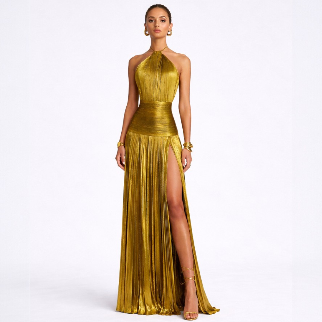 Annalisa | Abito metallizzato con scollo all'americana e schiena scoperta