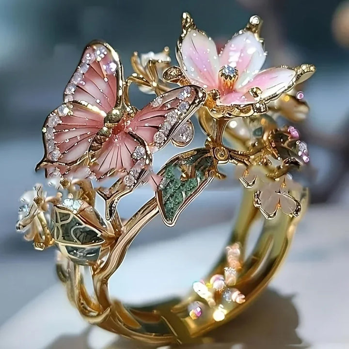 Rosa | Anello brillante a farfalla ispirato alla natura con zirconi